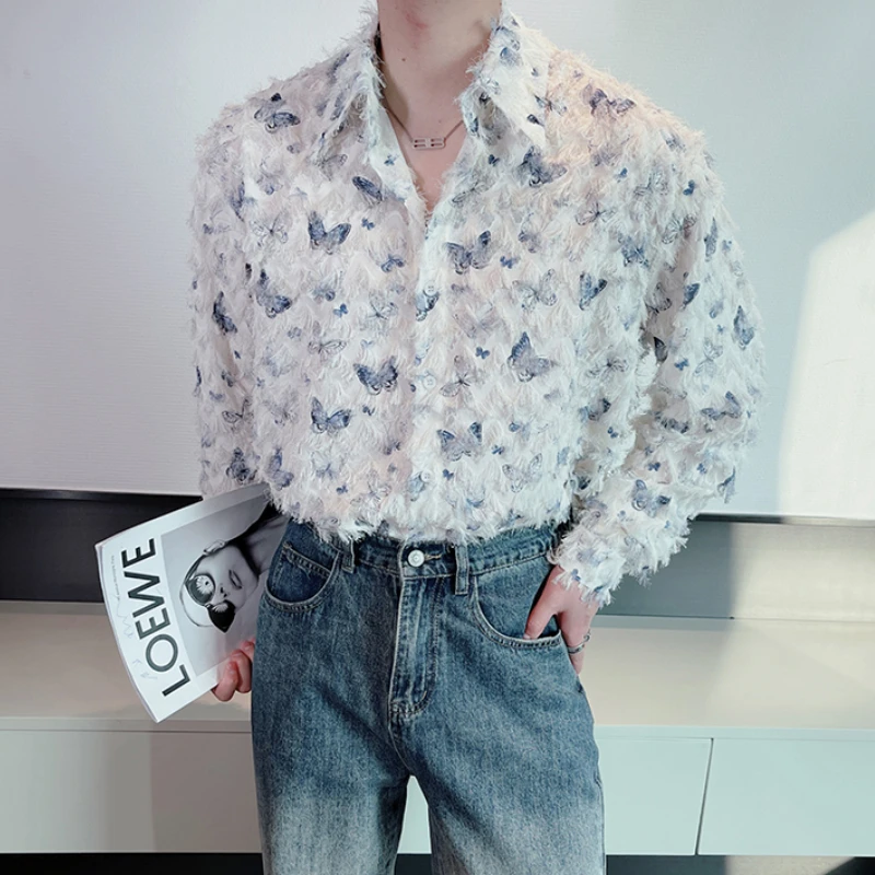 Fashionable Butterfly Tassel Shirt for Men Long Sleeve Loose Casual Shirts Handsome Streetwear Social Party Sunscreen Shirt 2024