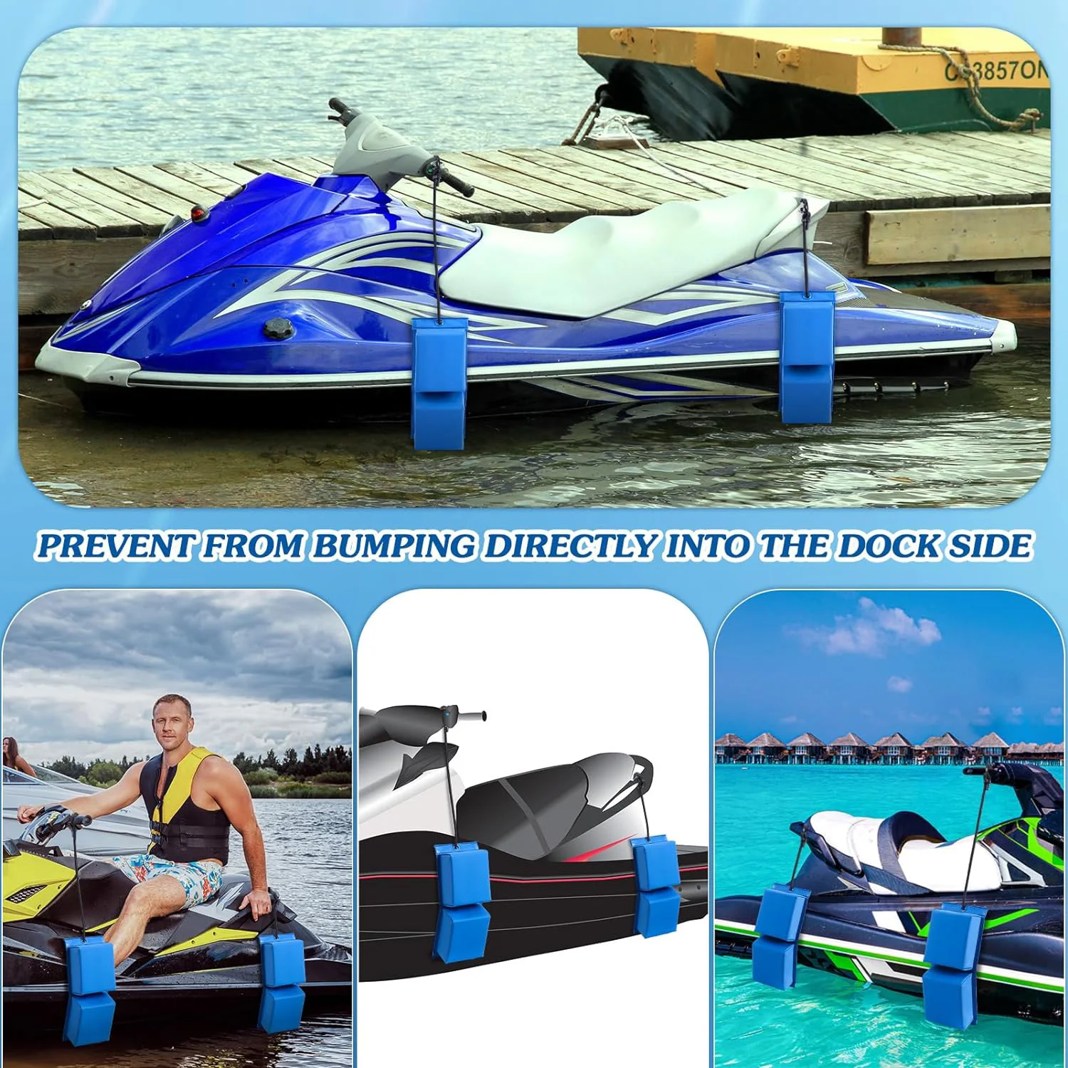 مصدات حاجز التزلج PWC، شرائط تأثير الموجة البحرية، حماية لرسو السفن مكونة من قطعتين مع حبال مرنة، متينة ومقاومة للأشعة فوق البنفسجية، JET