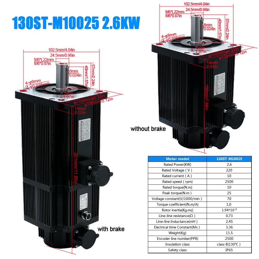 130ST  2.6KW 3.8KW 220V/380V AC Servo Motor Kit 2500Rpm 10N 15N Engine optional Brake With T3L T3M T3A Driver For CNC Router