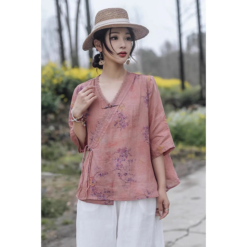 Retro Chinese Sle Vlasprint irt Dames plus Size Bloemen Kanten Kraag Gordel Vijfkwart Sve Top Casual Zomerblouse