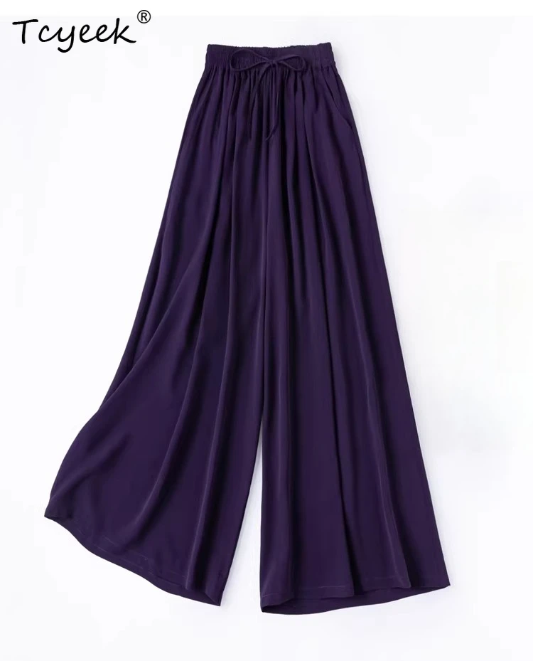Tcyeek 100% Real Silk Pants for Women 2026 Hot Selling Elastic Waist Flowing Wide Leg Pants Female Clothes Pantalones De Mujer