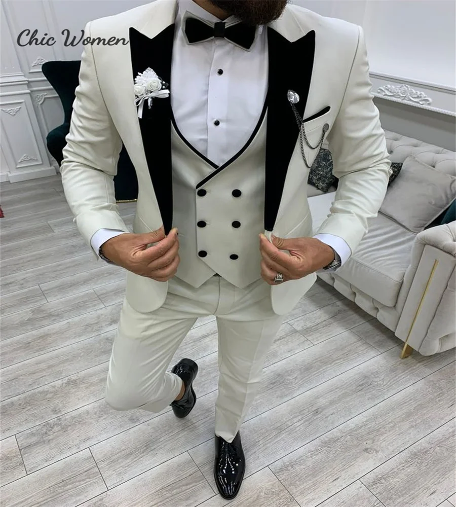 

Handsome Ivory Wedding Tuxedos 2024 Peak Lapel Men Blazers Waistcoat Fitted Groom Men Wedding Suits Causal Prom Bespoke 3 Pieces