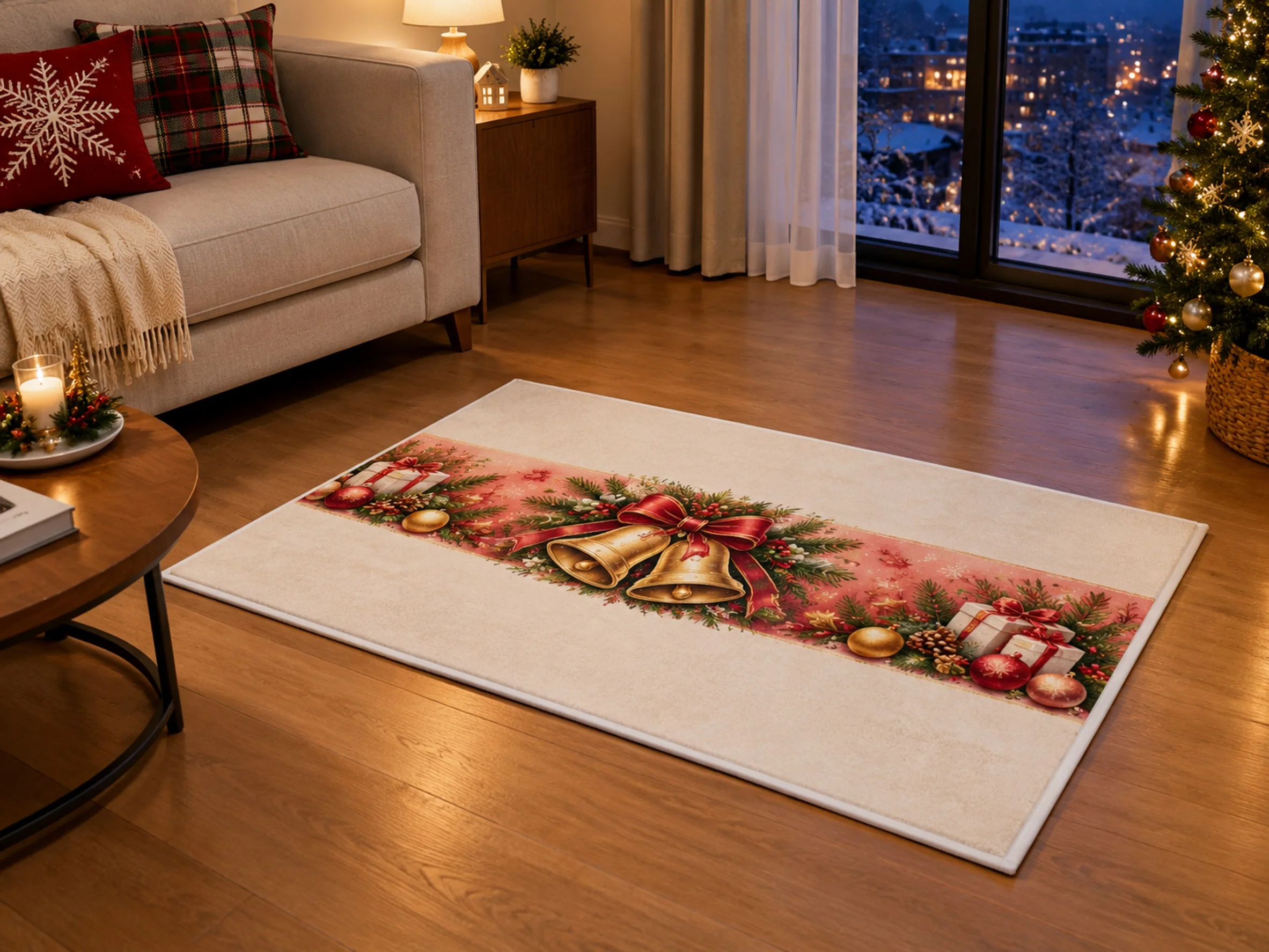 VIKAMA Christmas Rose Gold Bell Flannel Door Mat, Washable Quick Dry Xmas Mat, Xmas Decor for Laundry, Playroom, Dining Room
