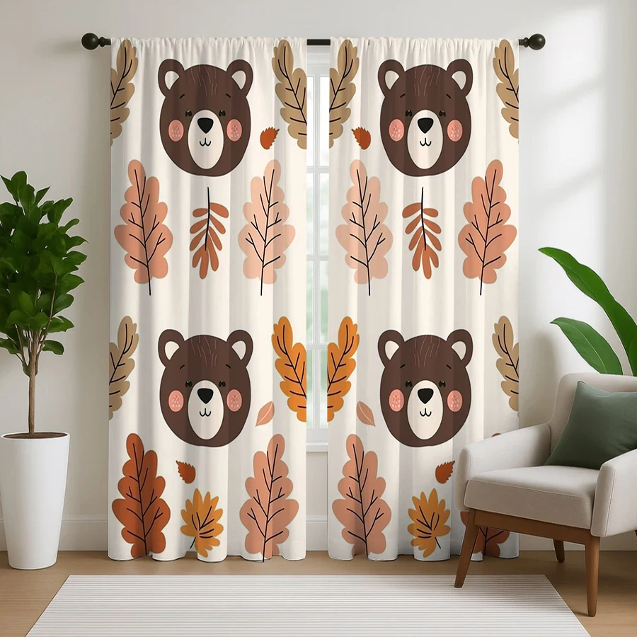 2PCS Digital Print Curtain, Bear Head Maple Leaf White Repeat Simple, Fall Autumn Cute Animal for Bedroom Kitchen Decor