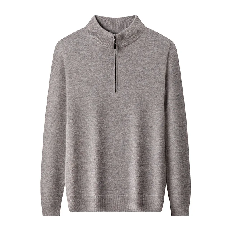 100% Wool Zip Up Sweater Men Autumn Winter Thick Pullover High Neck Sweater