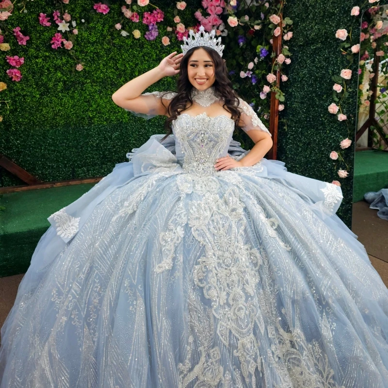 

Sky Blue Shiny Quinceanera Dresses Off The Shoulder Applique Lace Beading Crystal Bow Tull Corset Party Birthday Sweet 16 Dress