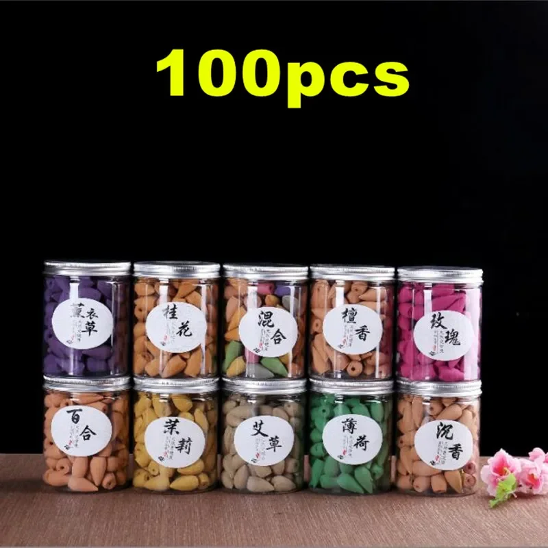 

100pcs Natural Reflux Tower Incense Incense Cones for Backflow Incense Burner Sandalwood Rose Lavender Flower Bullet Shape