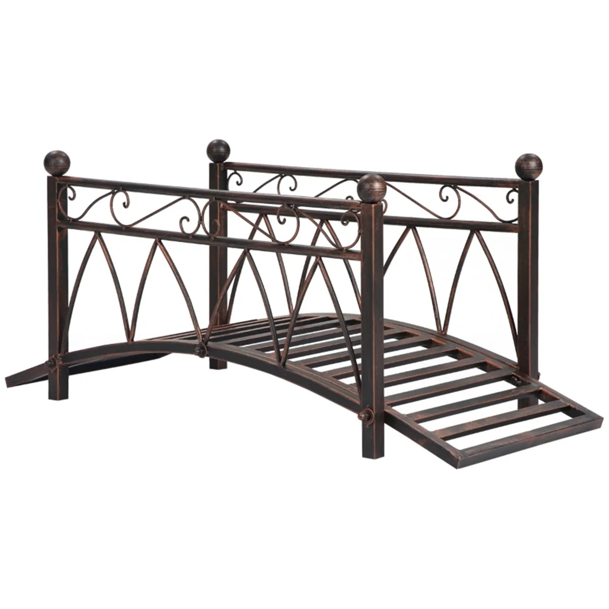 40.25 Inch Vintage Bronze Steel Garden Arch Footbridge with Scrollwork Double Railings, Weatherproof Powder Coated Decorative Pond Stream Walkway Bridge, 265 Lbs Capacity Landscape Ornament for Backyard Lawn Courtyard