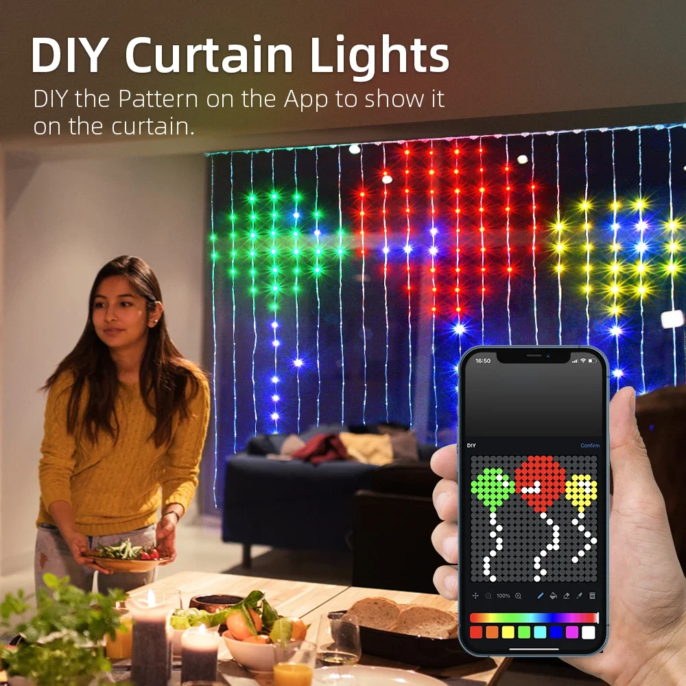 APP and Remote Controlled Smart LED Curtain Lights DIY Decorative String for Bedroom Wall Christmas and Holiday Decoration