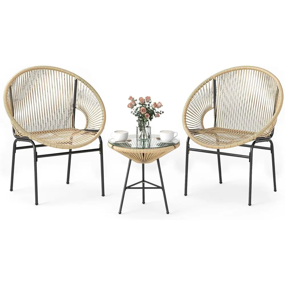 

3-Piece Outdoor Patio Furniture Set with Plastic Rope Chairs and Tempered Glass Table, Weather-Resistant Bistro Set for Lawn, Ga