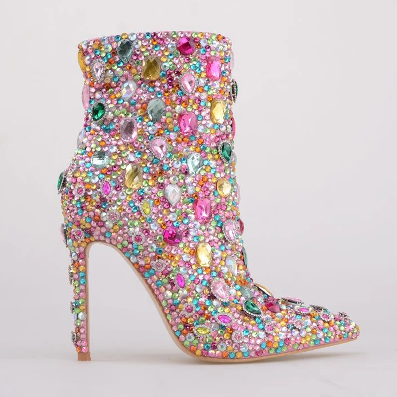 Multi-Color Rhinestone Pointed Toe Stiletto Ankle Boots Woman Winter 2026 Sparkly Crystal Side Zipper High Heel Dress Boots