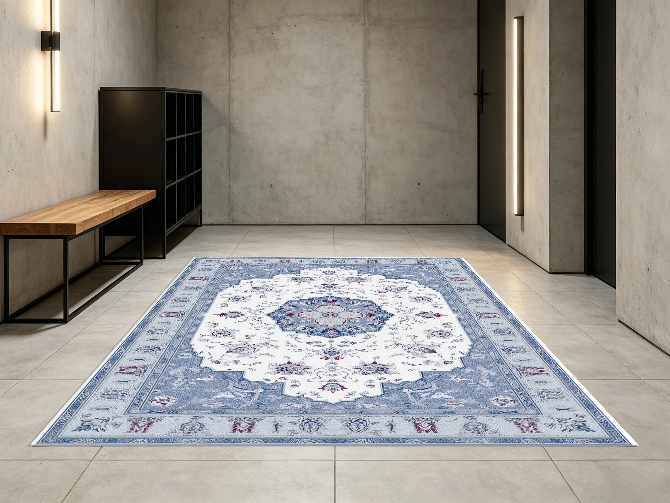 2D Velvet Rug in Light Blue & Creamy White with a Vintage Persian Pattern Soft and Skin-Friendly, Suitable for Living In.