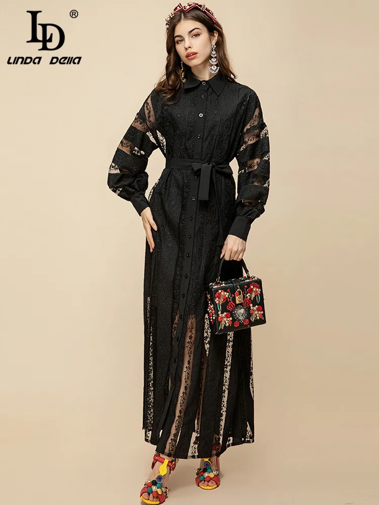 LD LINDA DELLA Fashion Designer Summer Mesh Dress Women Lantern Sleeve Single-breasted Belted Embroidery Black Vintage Dress