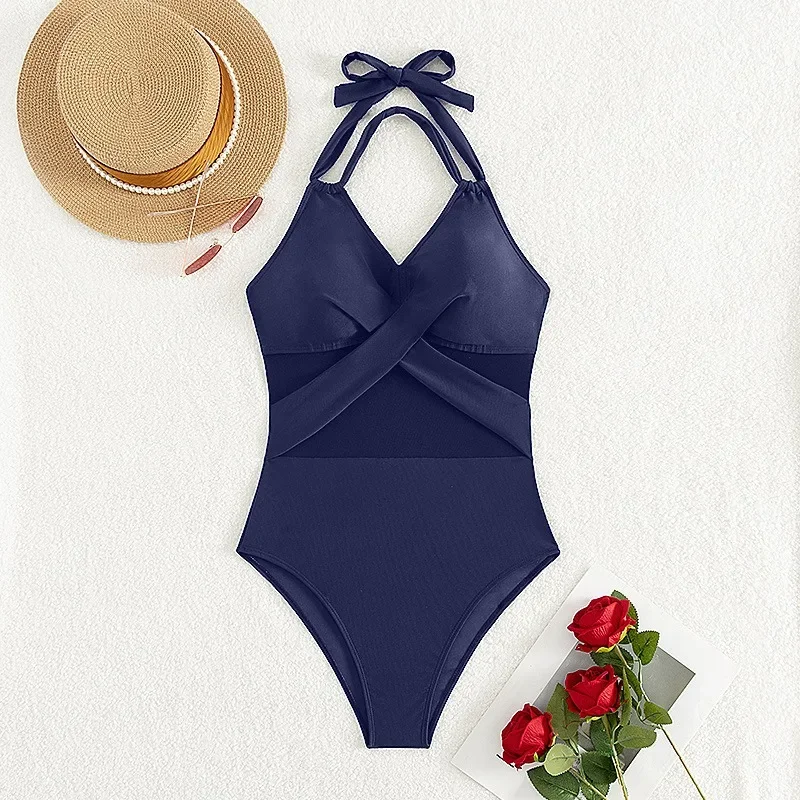 Fashion Halter Swimming Suit for Women See Through Mesh V Neck Lace Up Backless One Piece Swimsuit 2025 New Beach Sexy Swimsuit