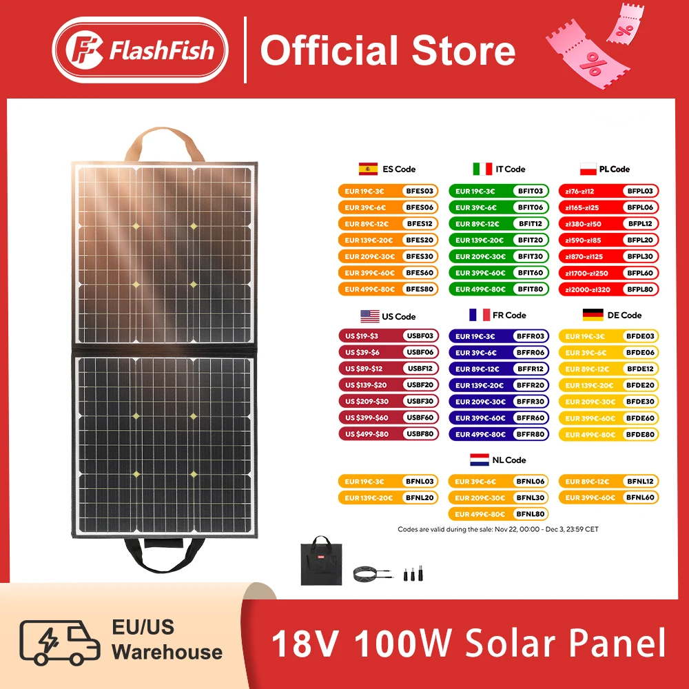 FF Flashfish 100W 18V Portable Solar Panel 5V USB Foldable Solar Cell Battery Charger Monocrystalline Outdoor Power Supply RV