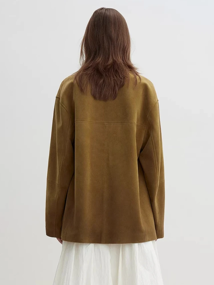 Vintage Genuine Leather Suede Jackets for Women Spring Autumn 2025 New High-end Simple Single Breasted Real Sheepskin Coat