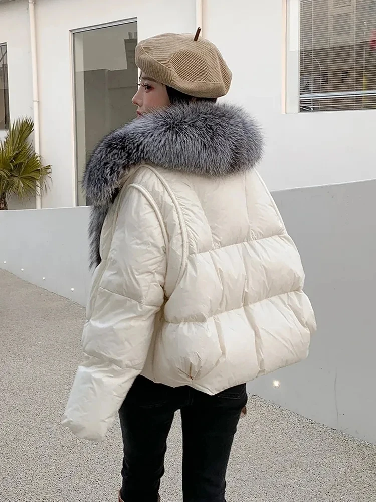 New Winter Women Coat White Duck Down Jacket Super Large Real Silver Fox Fur Collar Thick Fashion Luxury Outerwear Puffer Jacket