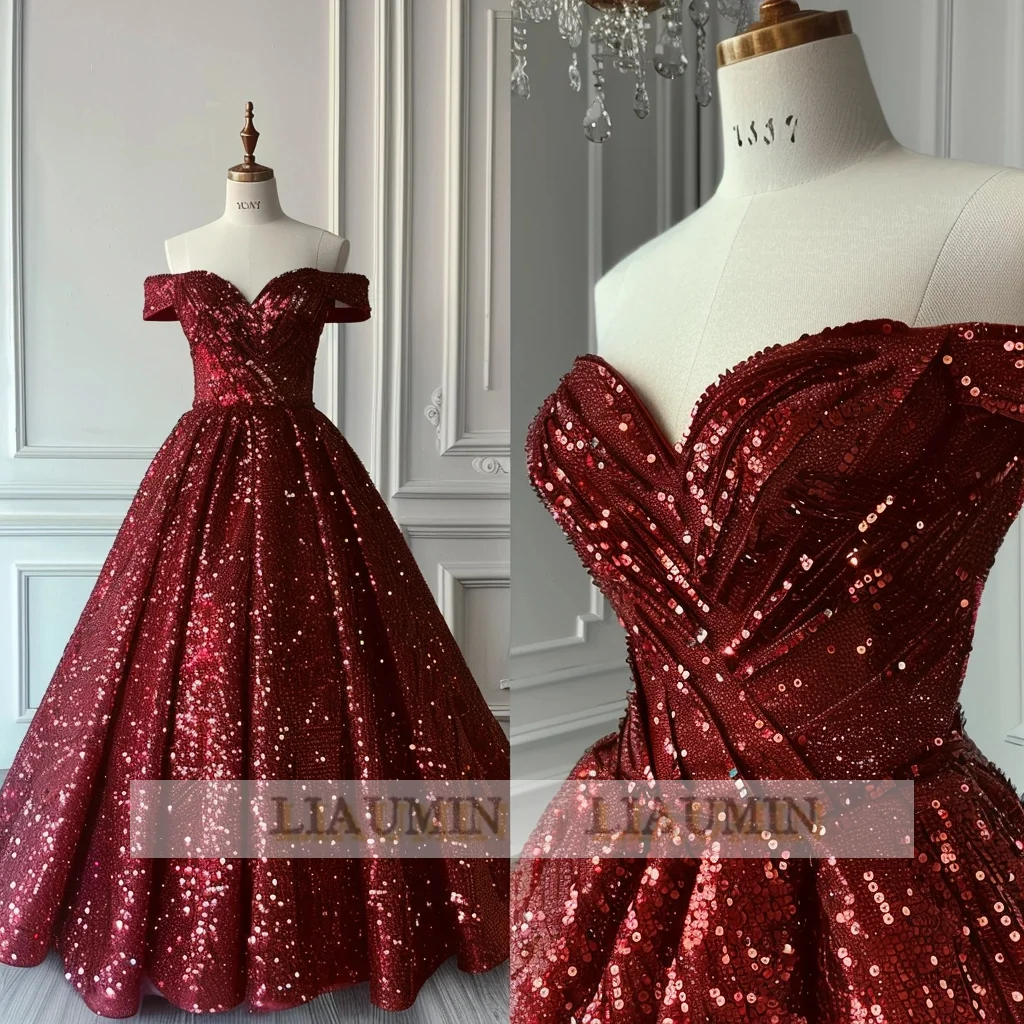 Vestido de noche de lentejuelas rojas para mujer, falda brillante sin hombros, longitud completa, fiesta de cumpleaños, Princesa, graduación, hecho A mano, W14-2.5