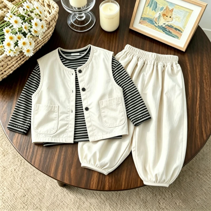 2026 Autumn/winter New Children's Stylish Striped Interior and Solid Color Vest and Pants Three Piece Set