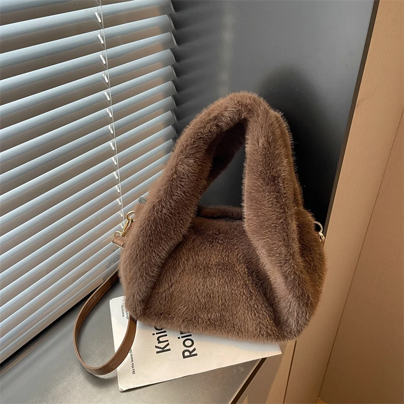 Winter Faux Fur Mini Handbag for Women Fluffy Plush Triangle Top‑Handle Bag Removable Crossbody Strap Y2K Fashion Party Purse