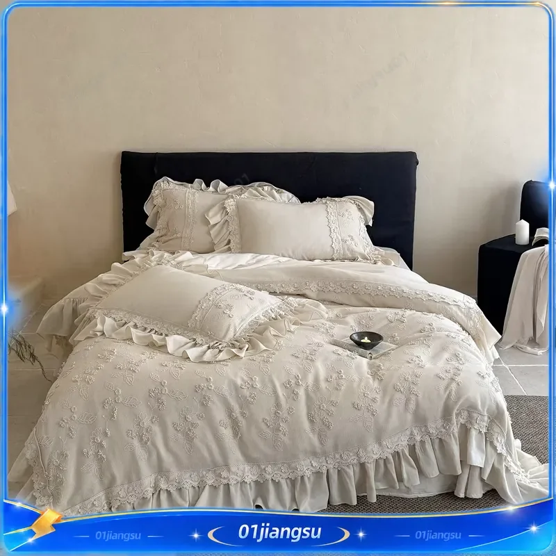 Vintage French Floral Lace Ruffles 100% Cotton Double Layer Yarn Bedding Set Duvet Cover Fitted Sheet Pillowcases 4Pcs Home