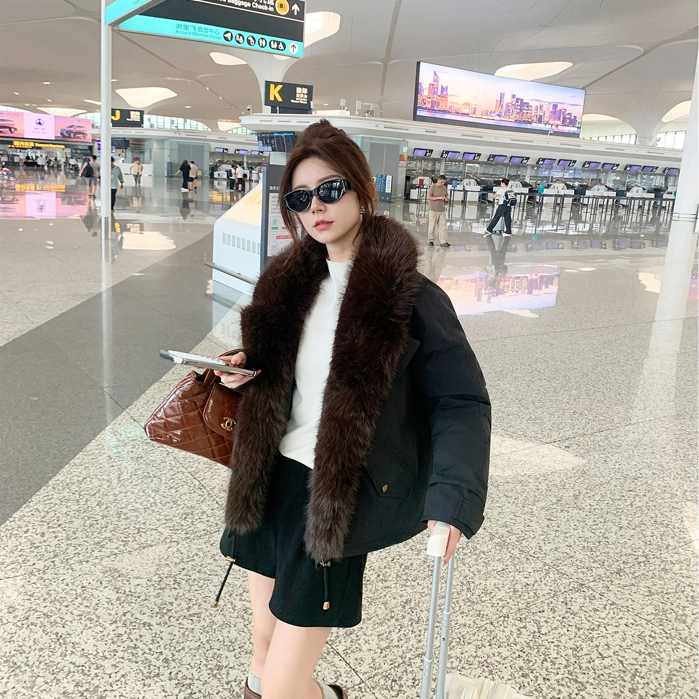 Women Fake Big Fur Collar Cotton Jacket American Fashion Winter Thicken Coat Casual Vintage Lapel Warm Moto & Cycle Jacket