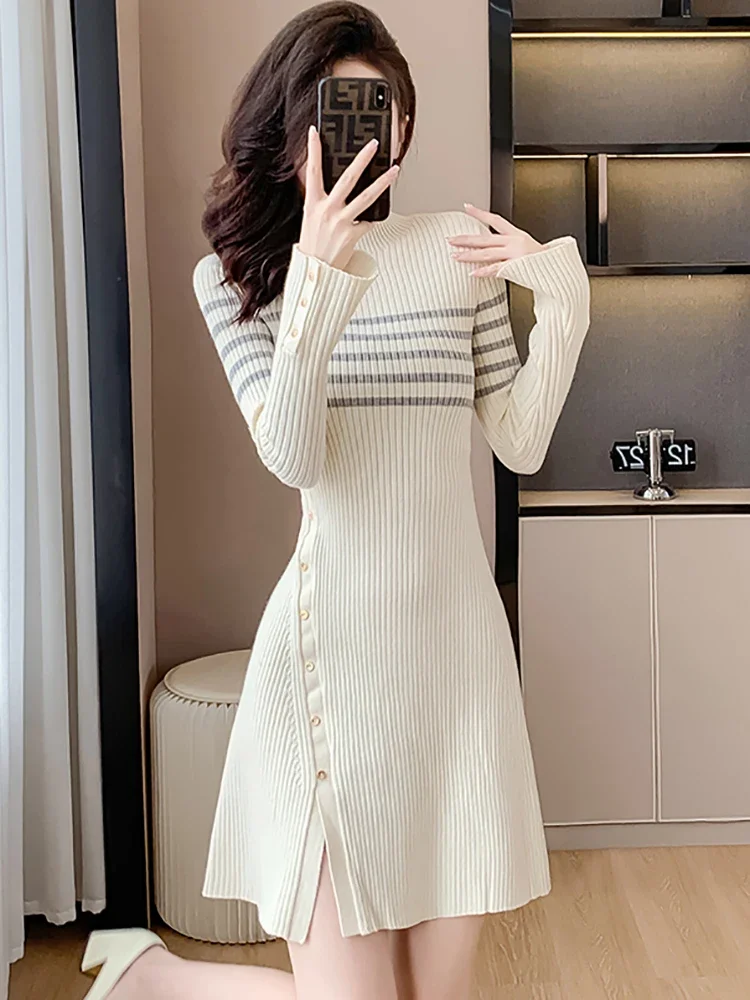 2024 White Knitted Striped Long Sleeve Turtleneck Women Korean Elegant Casual Home Dress Autumn Winter Thick Warm Sweater Dress