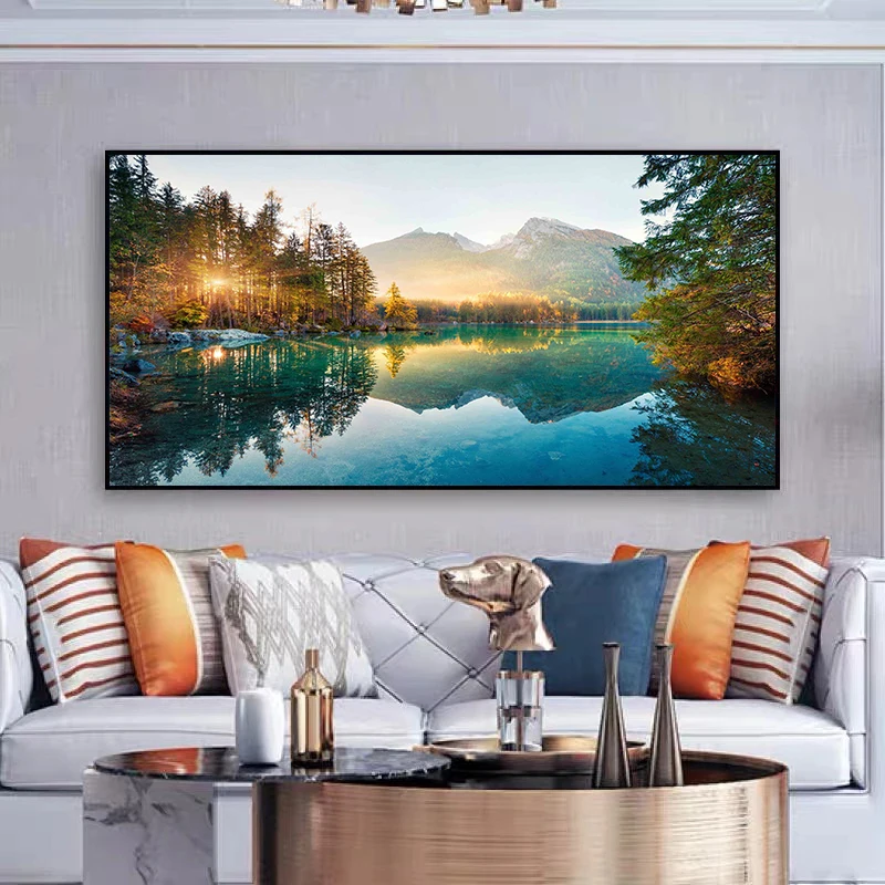 

Modern Posters Prints Nature Landscape Alps Mountain Canvas Painting Sunshine Forest Lake Pictures for Bedroom Home Decor