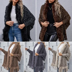 Women Tassel Shawl Scarf Leopard Color Faux Fur Collar Ponchos Thick Warm Knitted Capes Cardigan Autumn Winter Coats & Jackets