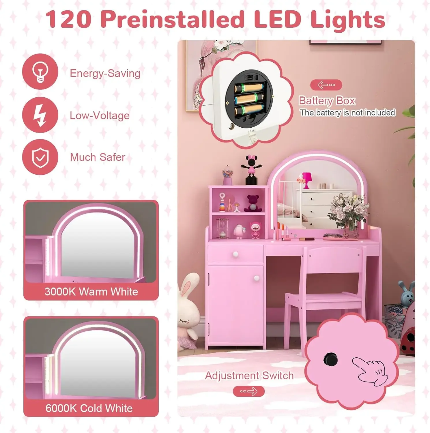 طقم طاولة تزيين مكياج خشبية وردية مع أضواء للأطفال مع مرآة، مقعد وخزانة تخزين، أثاث اللعب التظاهري #5
