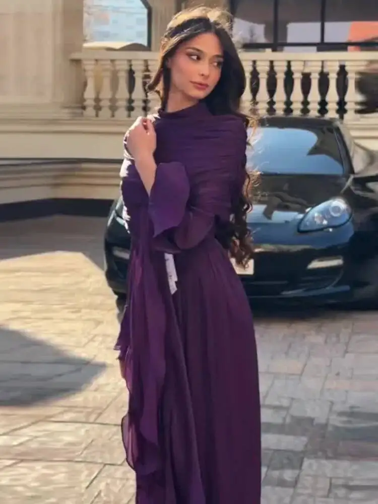 LGRQ 2026 new spring and autumn turtleneck flare sleeves ruffles pleated  A-line pullover big bottom long dress - AliExpress 200000345