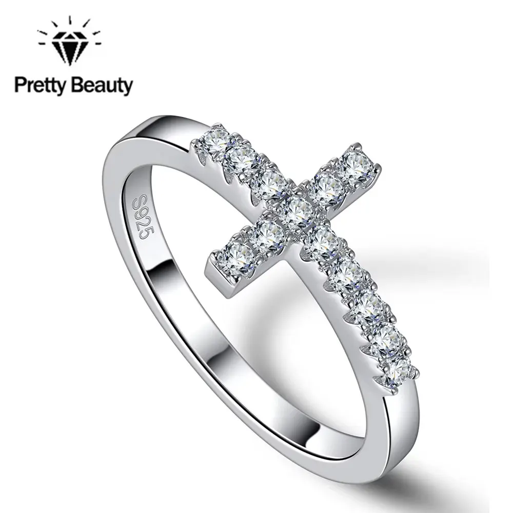 Pretty Beauty Moissanite Cross Wedding Band S925 Sterling Silver Diamond Ring for Women Party 18K White Gold Plated Fine Jewelry