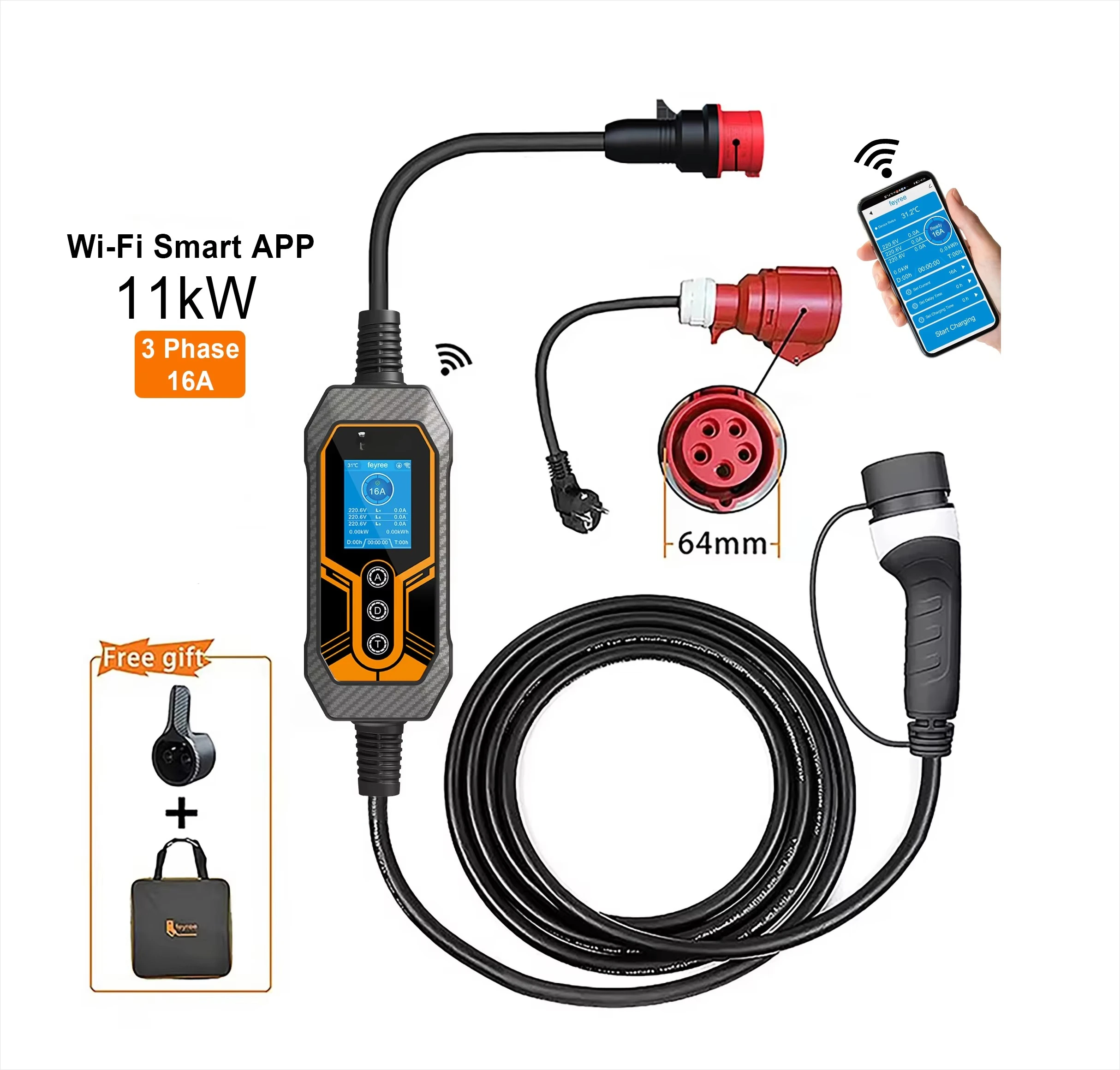 

11KW Type 2 Wireless Smart Application Phase 3 16A Portable Electric Vehicle Charging Station Home AC