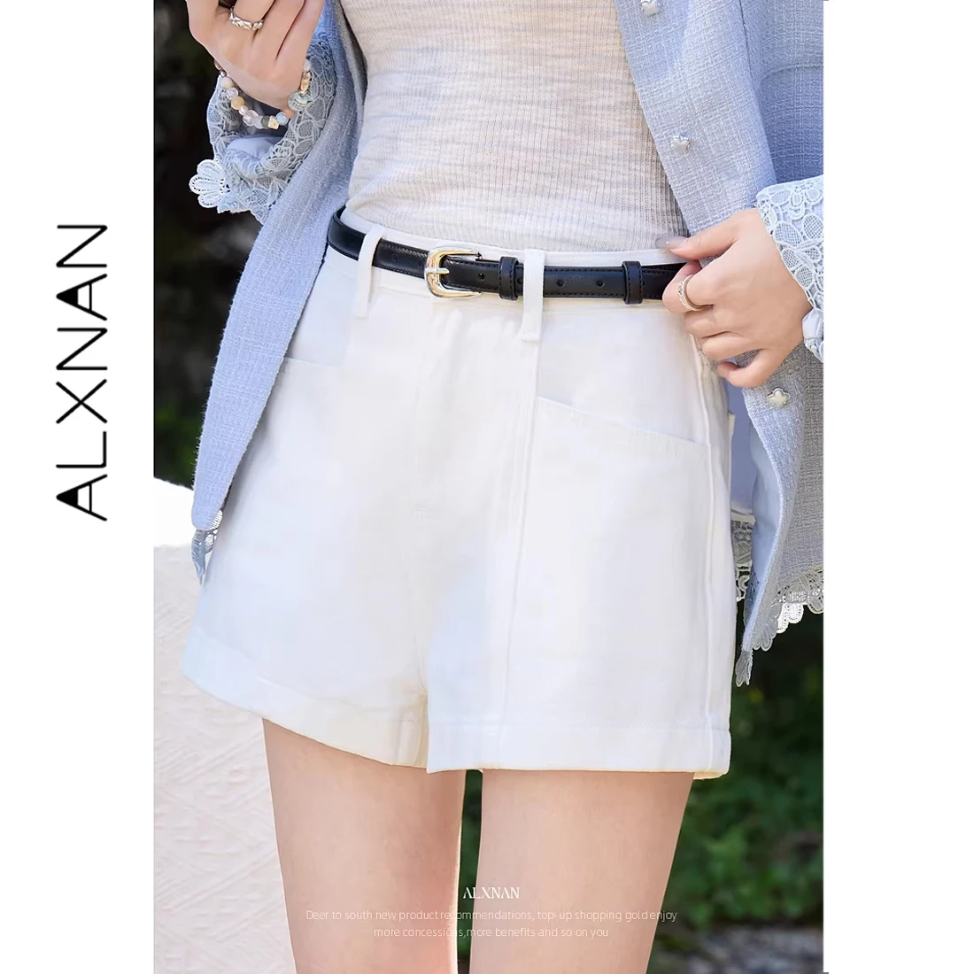 

ALXNAN Белые джинсовые шорты, повседневные, элегантные, модные, свободные, широкие, для пляжа, летние, женские, 2026, L62026