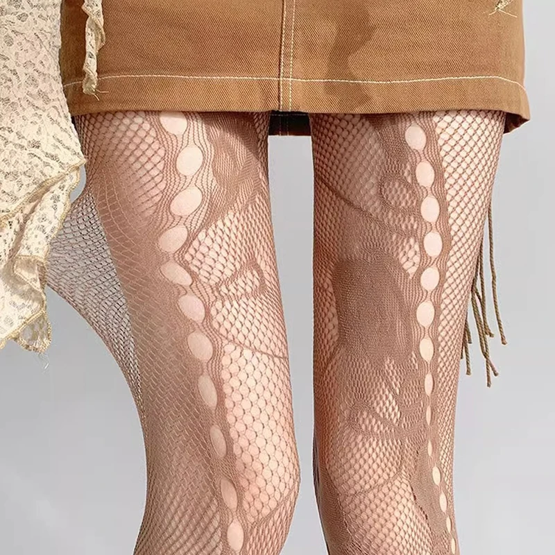 Francês romântico oco malha calças justas, desejo puro Jacquard Pantyhose, macio versátil caramelo cor meias, legal personalidade