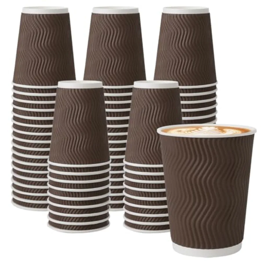 

150 Pack 12 oz Coffee Cups, Disposable Insulated Corrugated Ripple Wall Paper Coffee Cups, Hot Cold Drinking Cups for Office, H