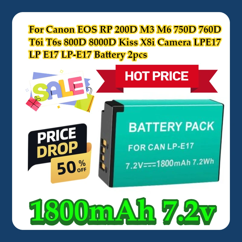 

For Canon EOS RP 200D M3 M6 750D 760D T6i T6s 800D 8000D Kiss X8i Camera 1800mAh LPE17 LP E17 LP-E17 Battery 2pcs