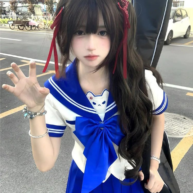 Uniforme JK de doble pecho de estilo japonés, traje de marinero dulce de estilo universitario, traje bordado con patrón de gatito, traje femenino de manga corta