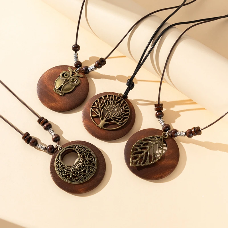 Retro Wooden Leaf Owl Long Sweater Chain Ethnic Round Necklace Women Clock Pendant Female Jewelry Neck Accessories Gifts Collar