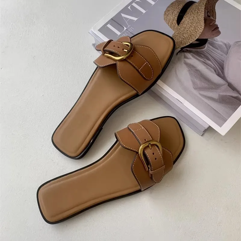 Slippers for Woman 2024 Summer Beach Flats Ladies Buckle Slides Gladiator Sandals Luxury Leather Mules Zapatos Mujer