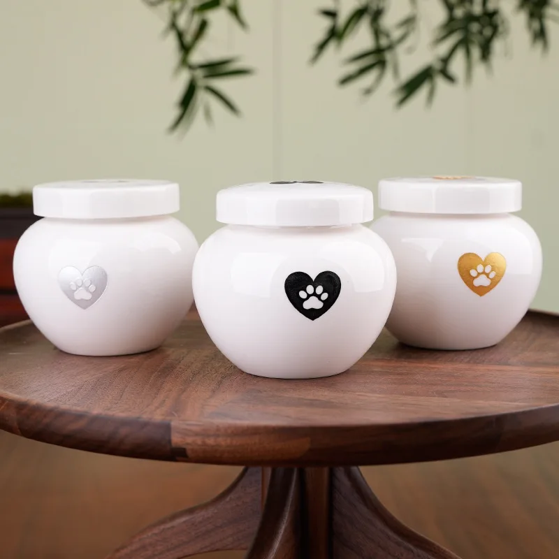 Heart Paw Print Ceramic Pet Urn - Sealed Memorial Keepsake for Cat/Dog Ashes, Airtight Storage Jar with 1000ml Capacity