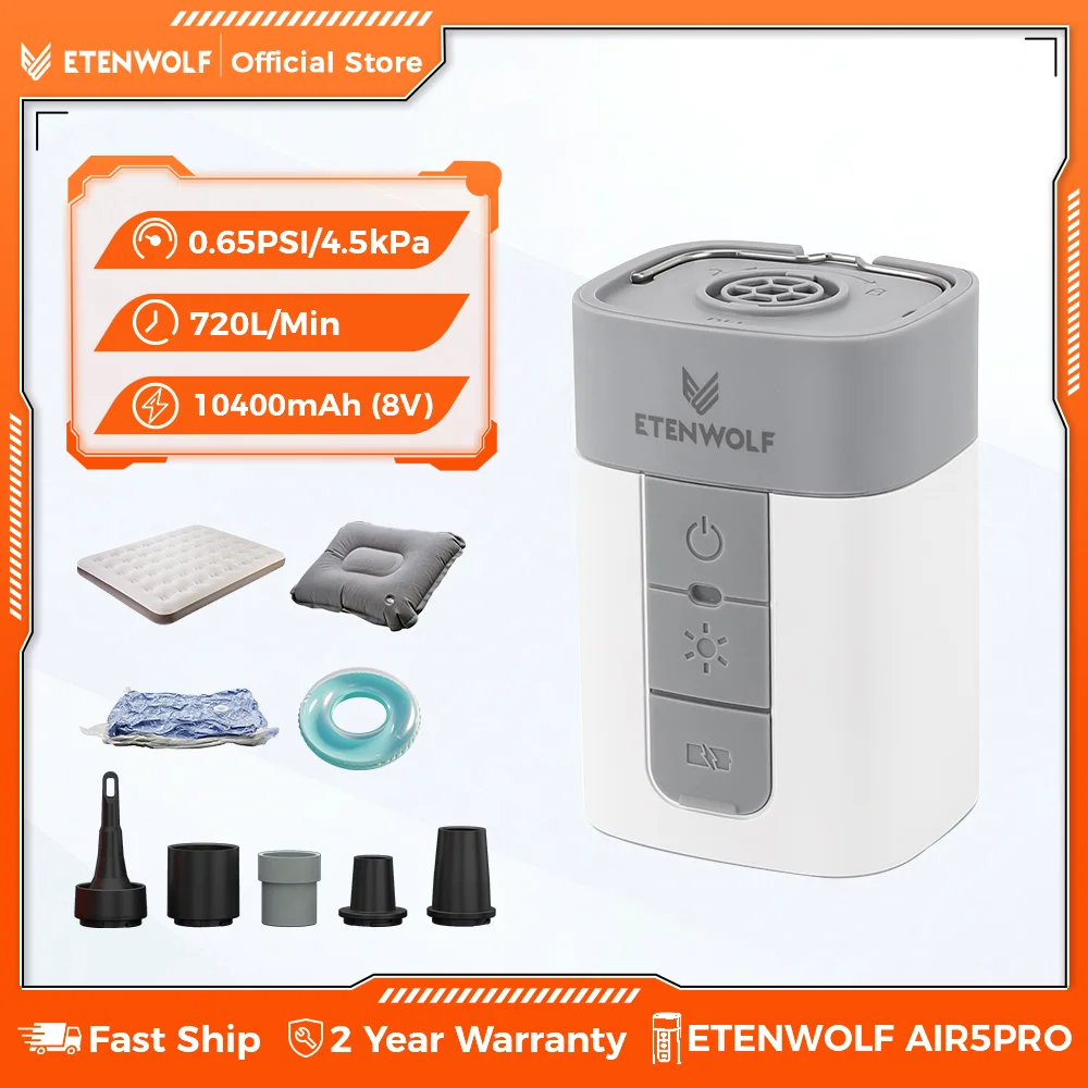

ETENWOLF AIR 5 PRO Electric Air Pump 720 LPM 4X Quick 10400 mAh Inflator & Deflator Portable Air Pump for Pool Floats
