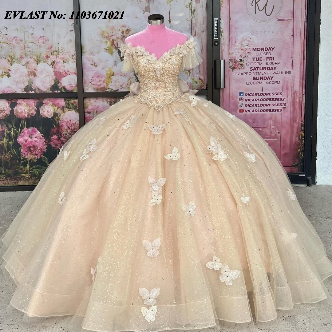 EVLAST-vestido De Quinceañera De champán mexicano, vestido De baile, apliques De mariposa 3D, corsé De lazo con cuentas, dulce 16, SQ371