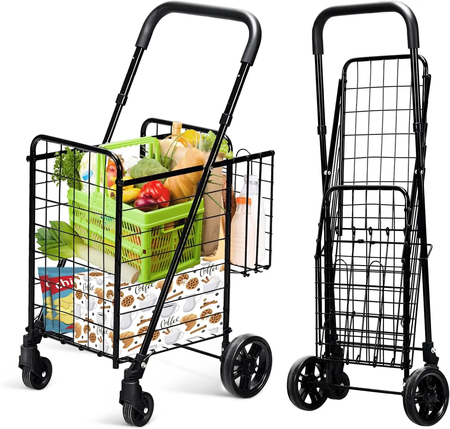 Foldable Heavy Duty Shopping Cart with Adjustable Handle & 360° Swivel Wheels, Extra Basket, Lightweight Trolley for Grocery Laundry Luggage (Black)