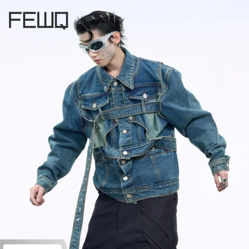 FEWQ Niche Vintage Washed Short Denim Jacket Strap Design 2024 Turn-dwon Collar Single Breast Male Tops Korea Fashion 24E5372