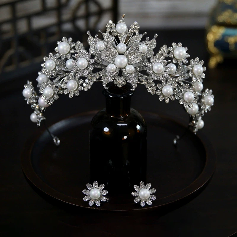 

Изысканный высококачественный комплект свадебных сережек в корейском стиле с короной для волос, супер сверкающие жемчужные аксессуары для волос для свадебного платья
