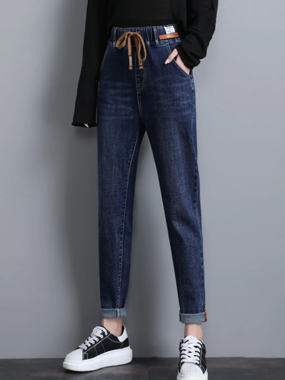 Women's Elastic Waist Dad Jeans Spring Autumn New Sle Versatile Slimming Loose Elastic Trousers Large Size Fat MM Harlan Jeans