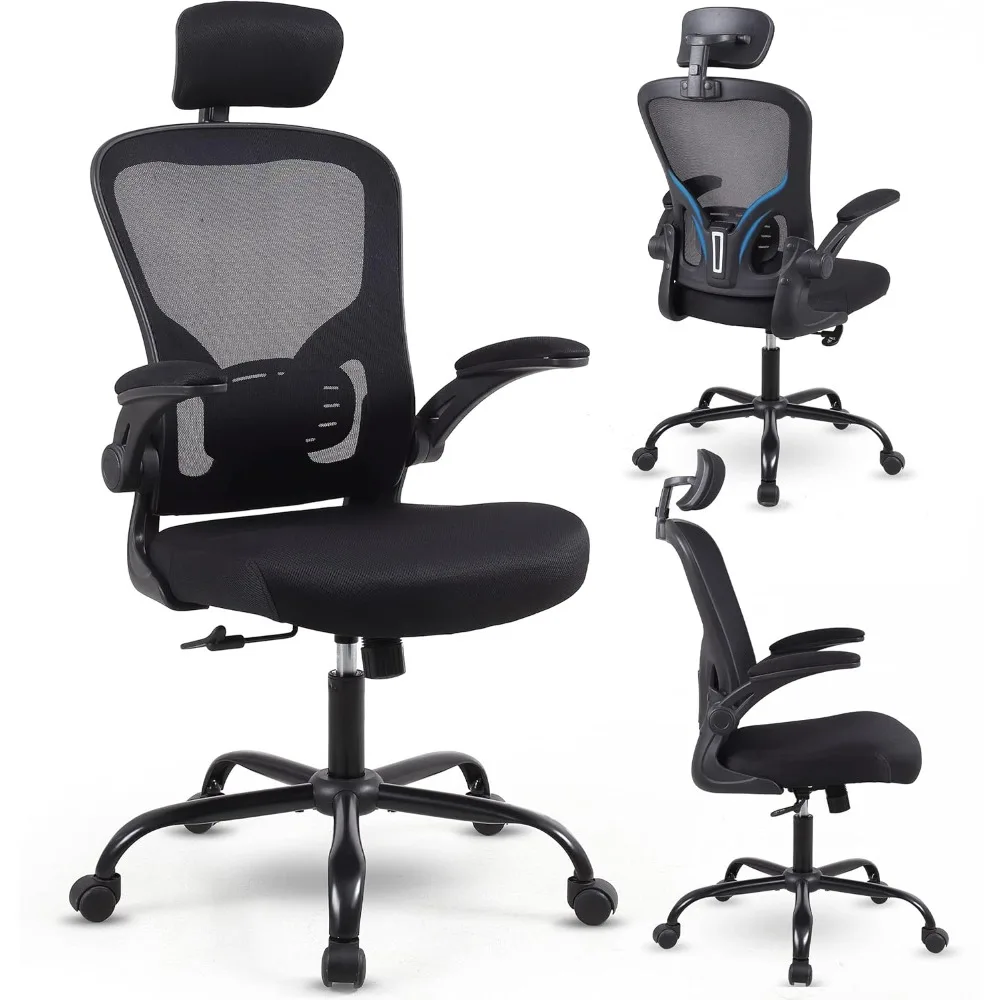 

ergonomic office chair, mesh home office desk chair with flip-up arms and lumbar support, height adjustable, swivel, black-head
