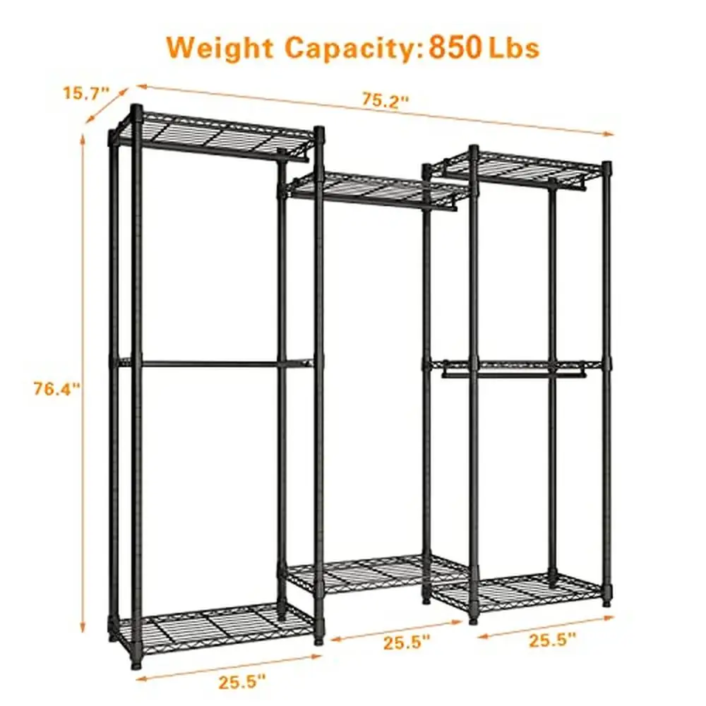 Adjustable Metal Closet Organizer Storage Rack with 7 Shelves & 5 Hanging Rods Heavy Duty Clothing Rack Organizers Clothes Coats