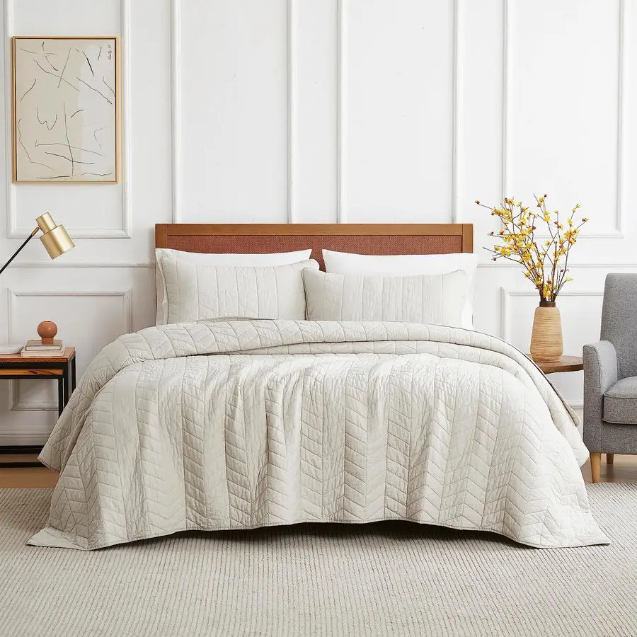 

Beige Cotton Quilt King Size Bedding Sets with Pillow Shams,White Lightweight Soft Bedspread Coverlet, Tan Cream Quilted Comfort